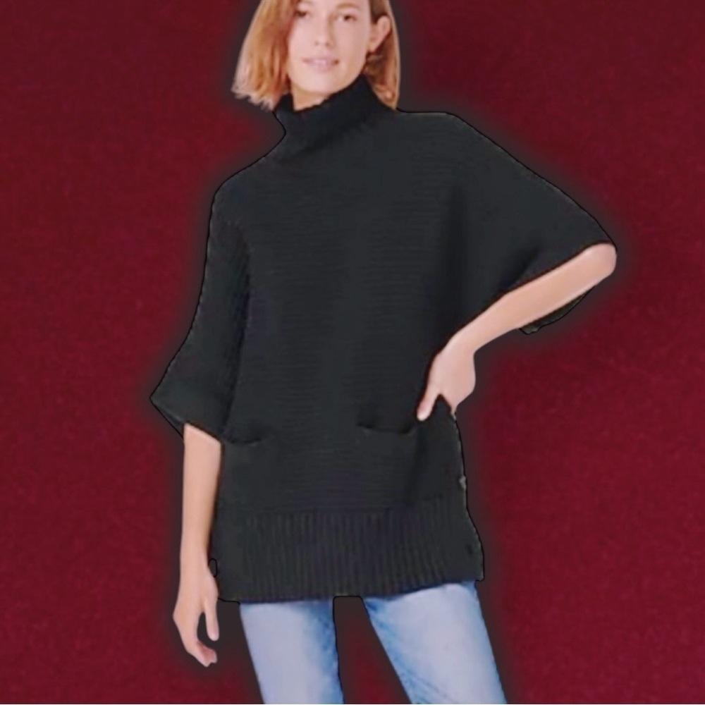 NWT J. Crew Black Cotton / Wool Blend Side Button ‘Turtleneck Poncho’ Size XS